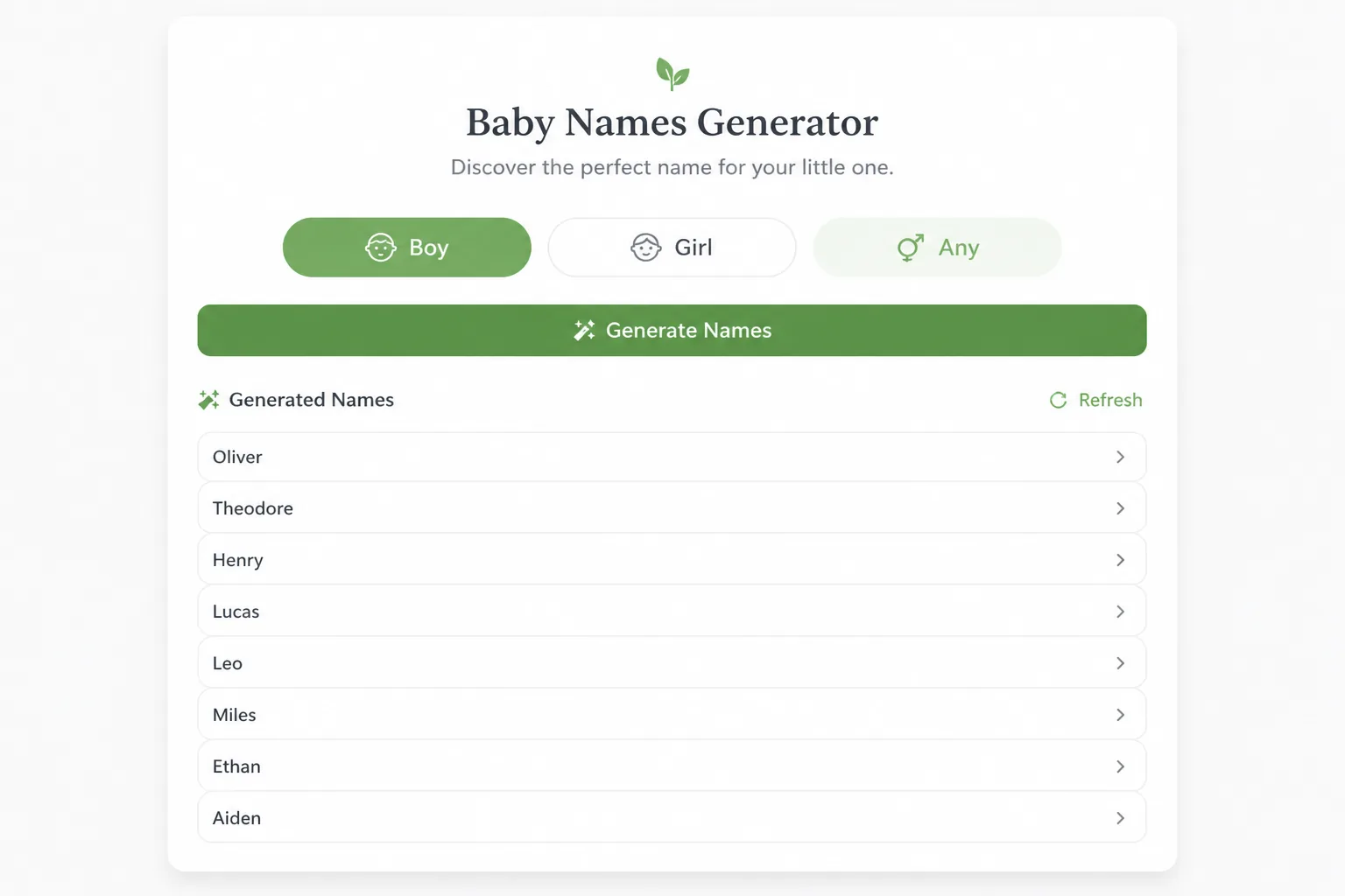 Baby name generator showing a short sampled list and a US-only note