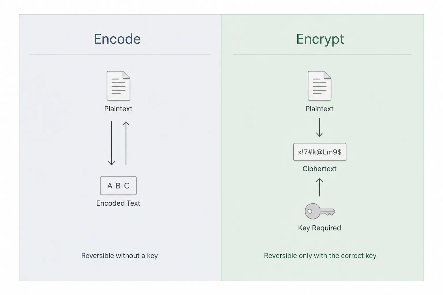 Plaintext arrow to Base64 text next to plaintext arrow to a lock labeled encryption