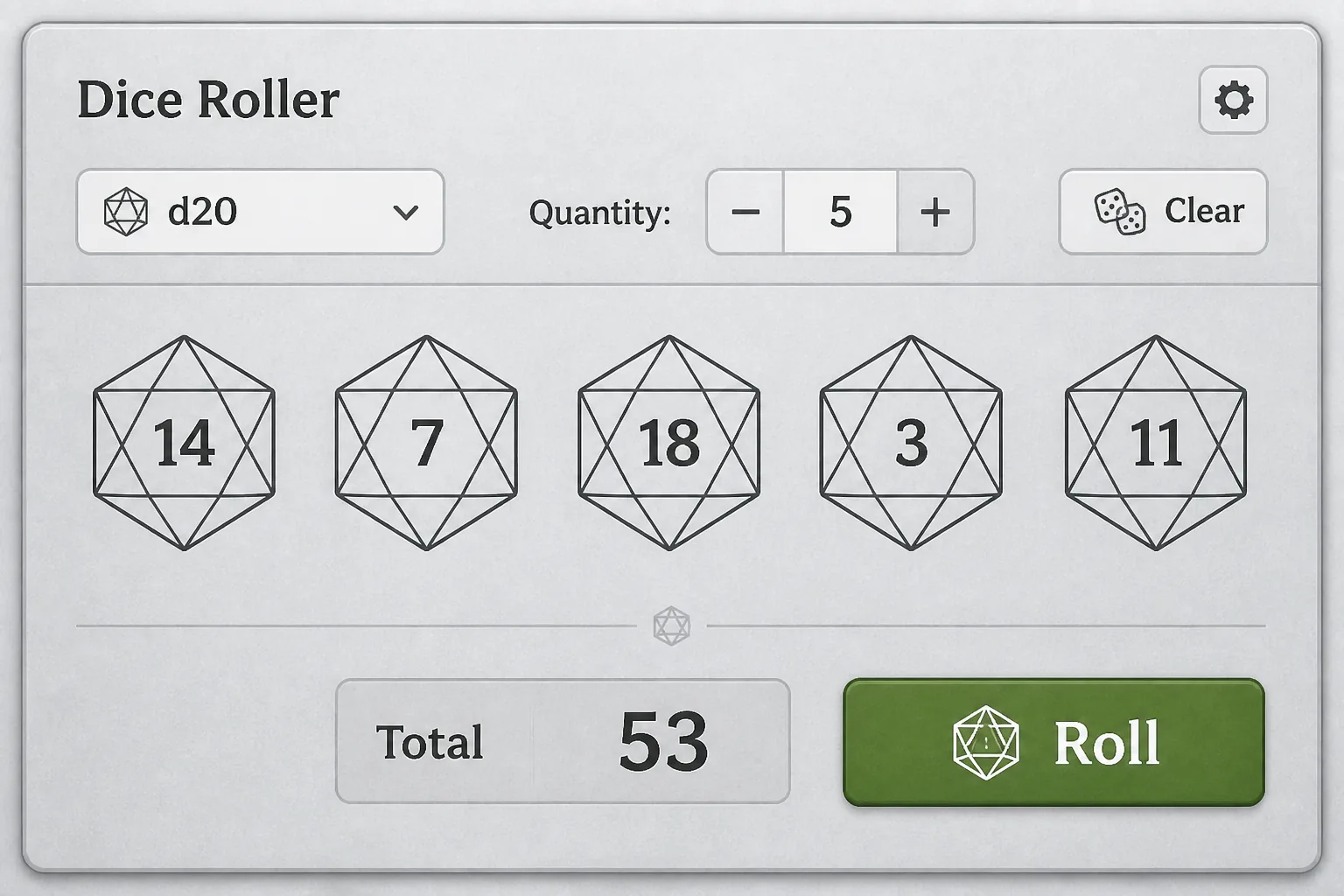 Dice roller UI with a d20, twelve dice max, and a roll history