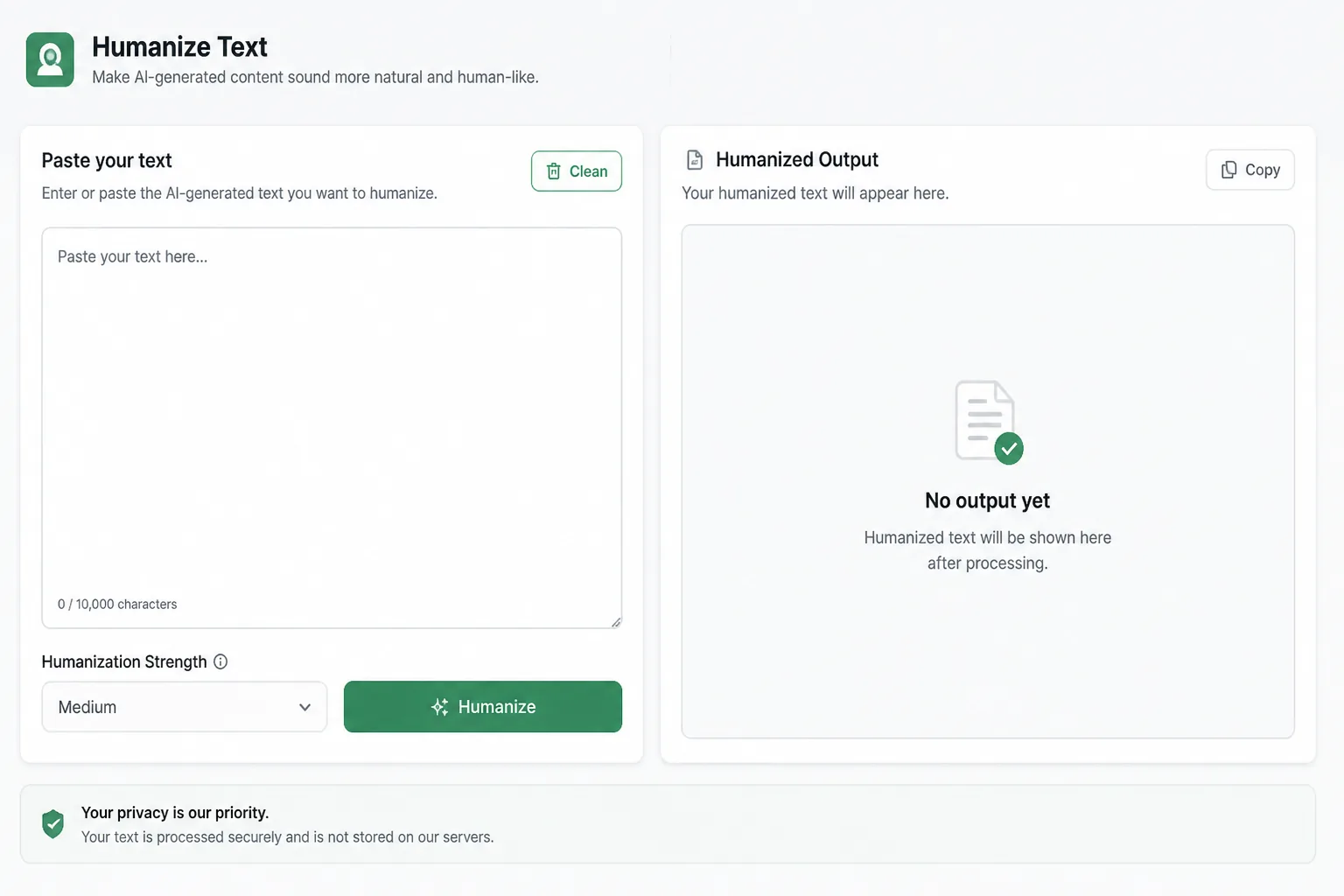 Humanize text UI with paste box and cleaned output, local-only label