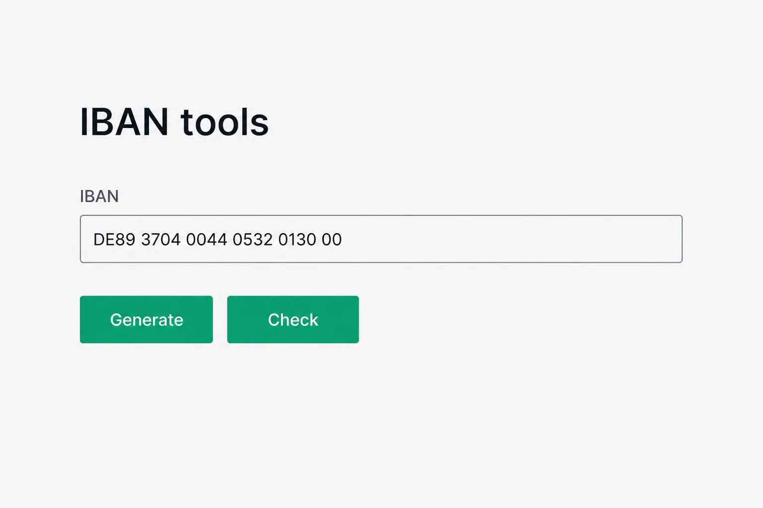 Simple IBAN generator form with a sample number and generate and check buttons