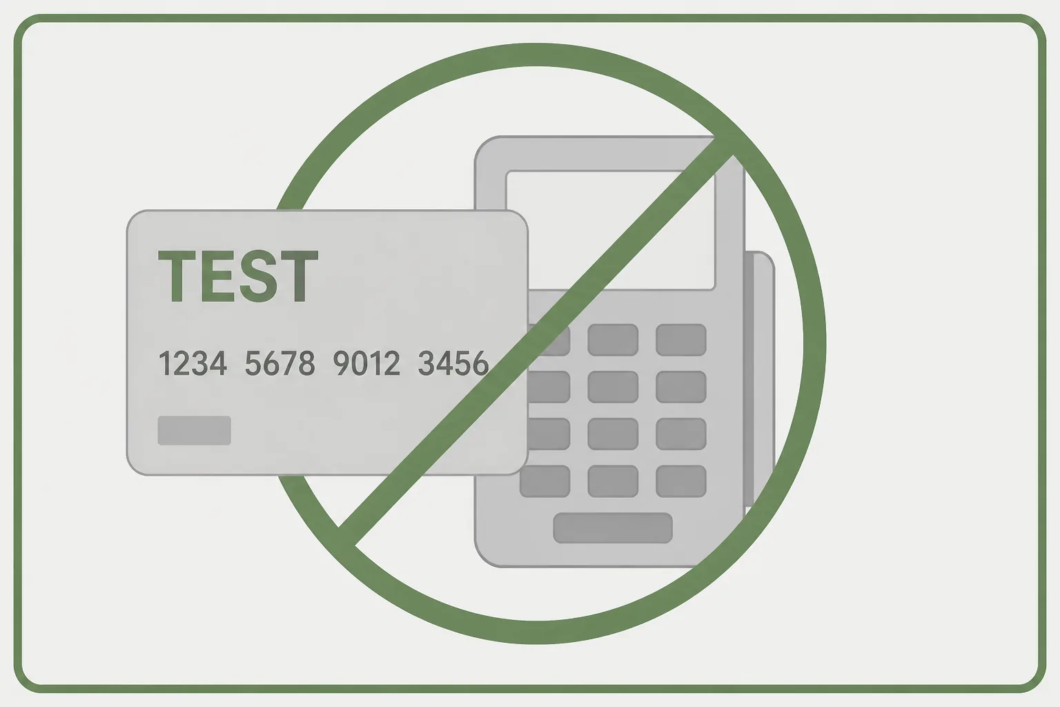 Table of test card brands with BIN prefixes and a column labeled do not charge