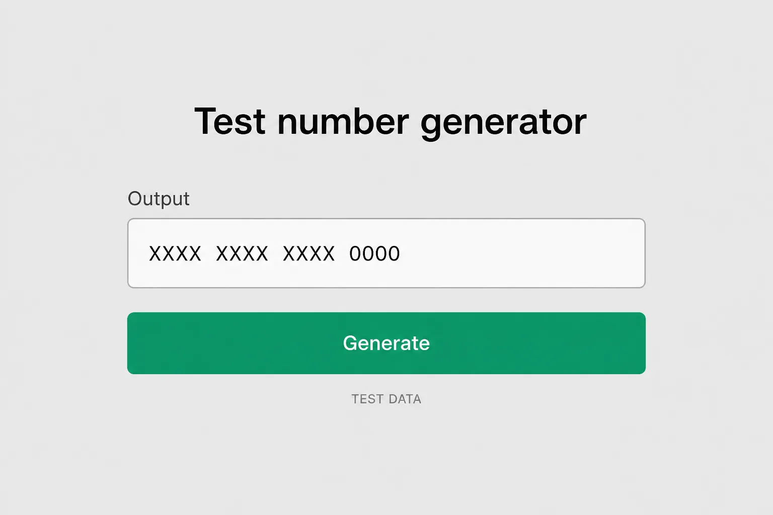 Credit card generator showing a Visa-shaped number, expiry, and CVC with a generate button