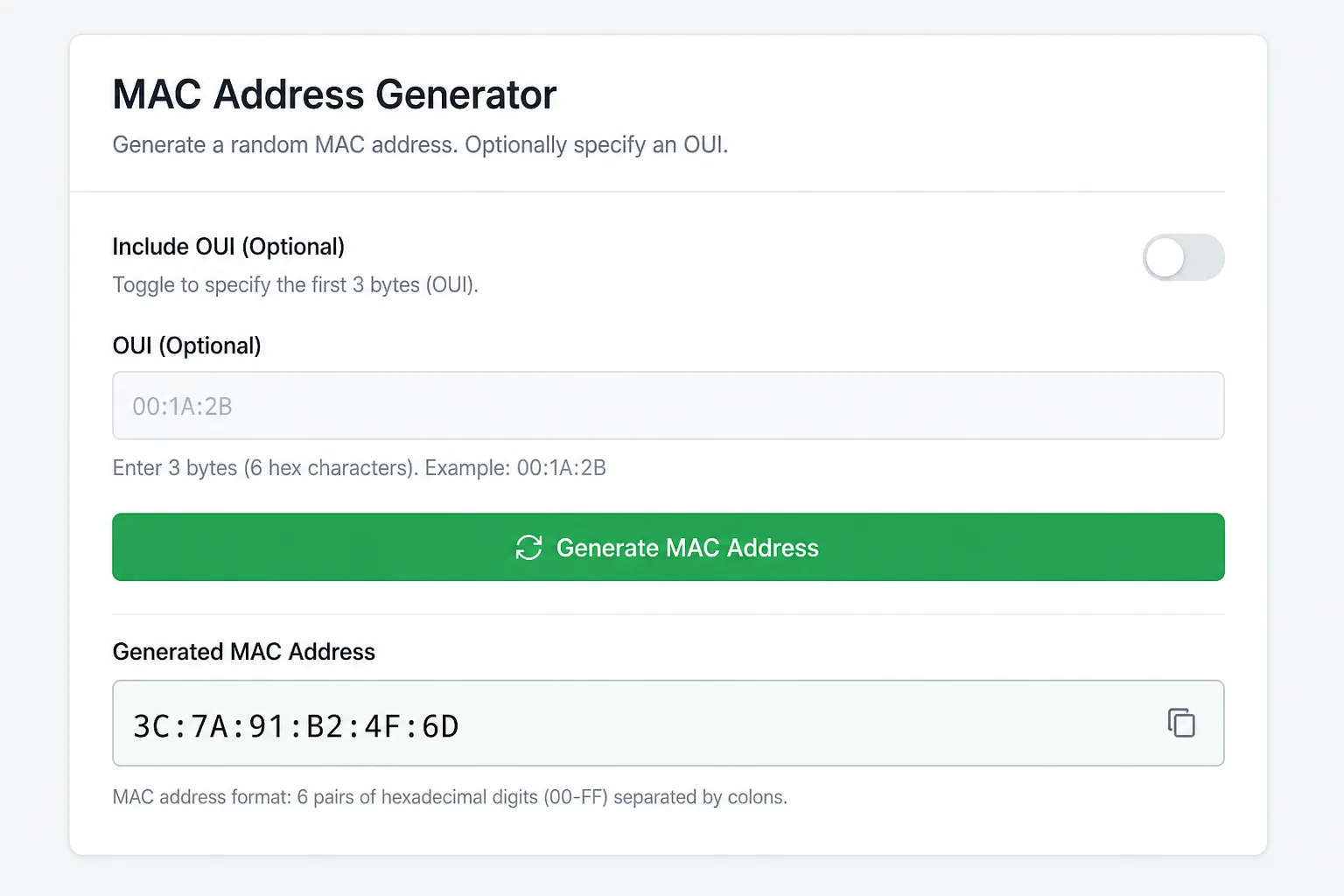 MAC generator UI with unicast and locally administered options selected