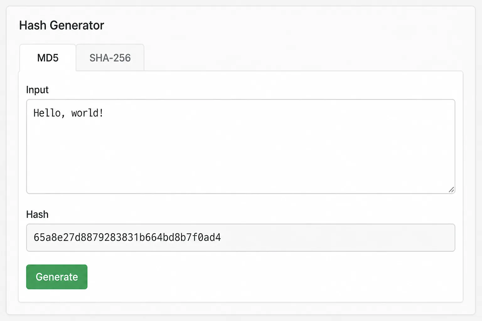 Side-by-side MD5 and SHA-256 output fields for the same sample sentence