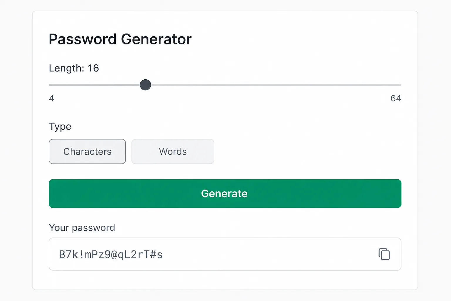 Password generator UI with charset toggles, length slider, and a passphrase word-count option