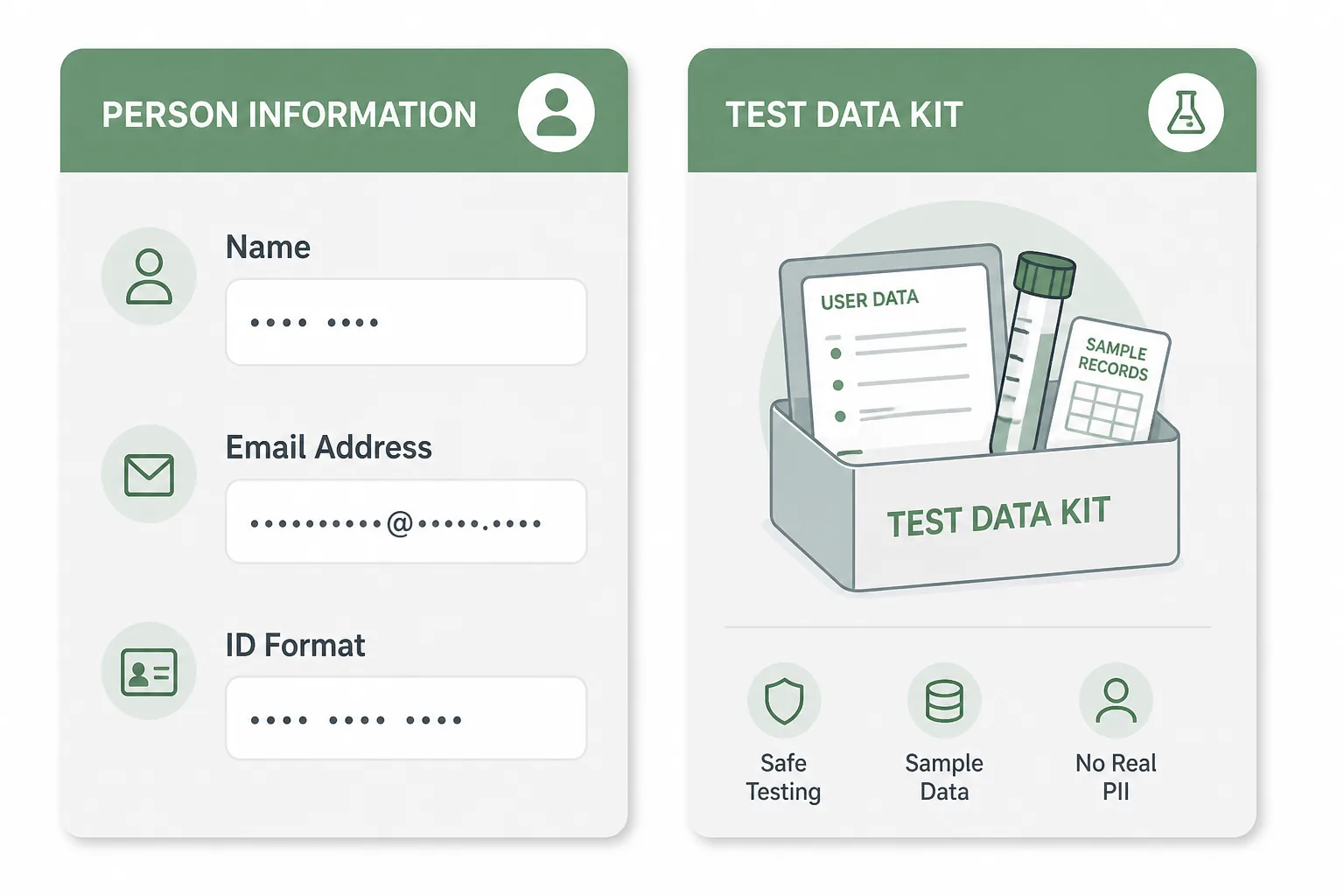 Grid of synthetic name, email, address, and SSN-shaped fields labeled fixture