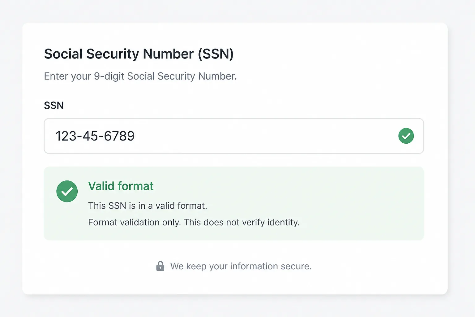 Browser SSN generator showing a sample number and a note that it is format-only
