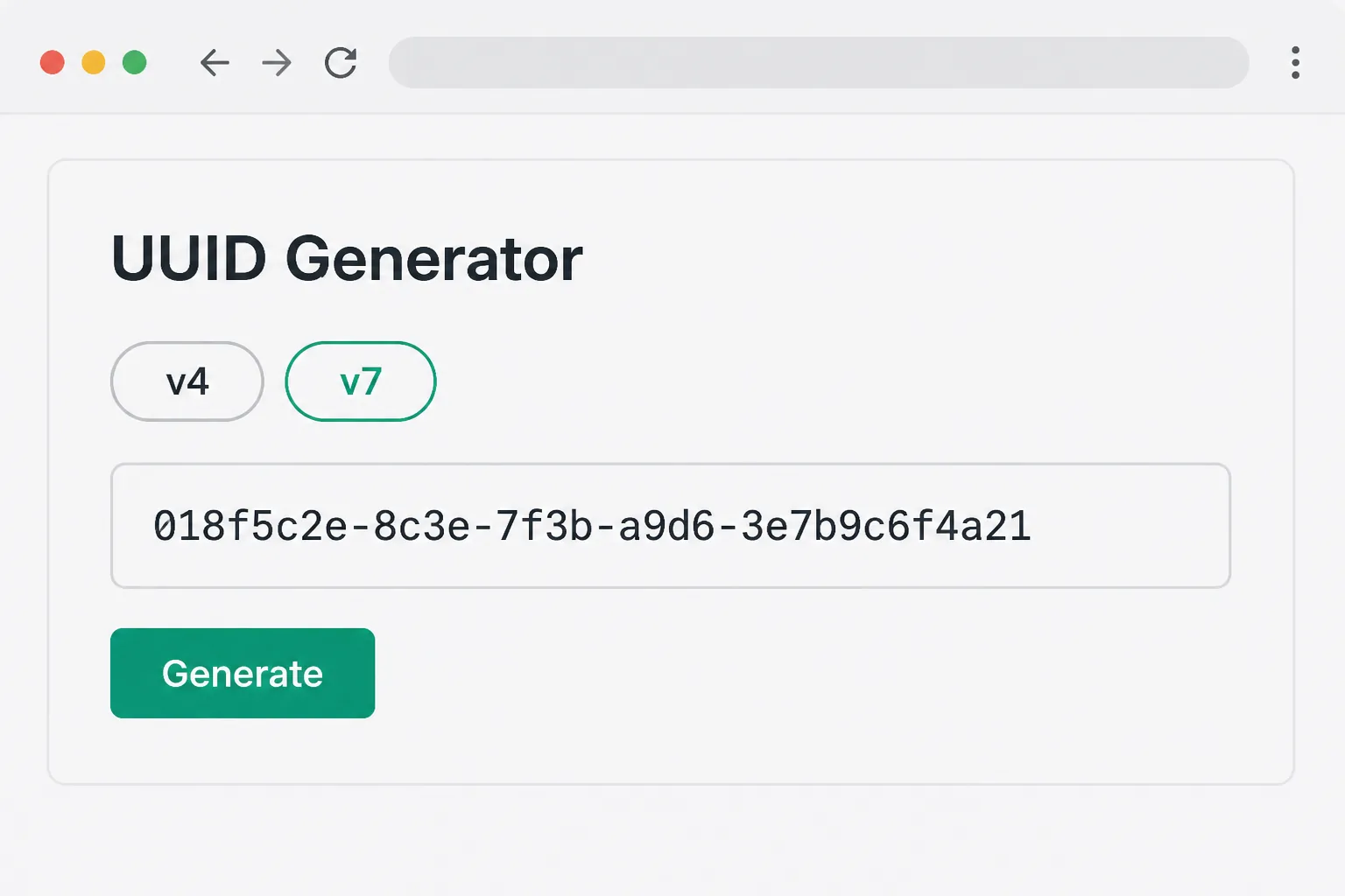 Simple UUID generator UI with v4 and v7 toggles and a generated identifier