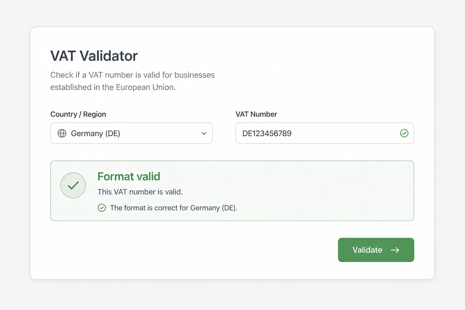 VAT validator UI showing a formatted number passing checksum with a note that VIES is not called