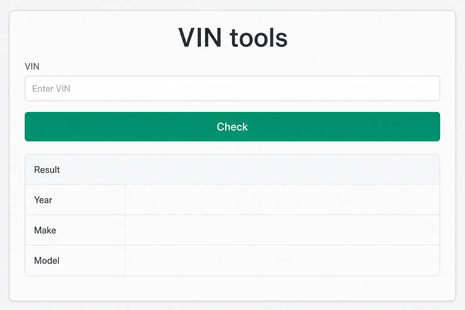 VIN generator and decoder UI with a 17-character field and a check-digit valid badge