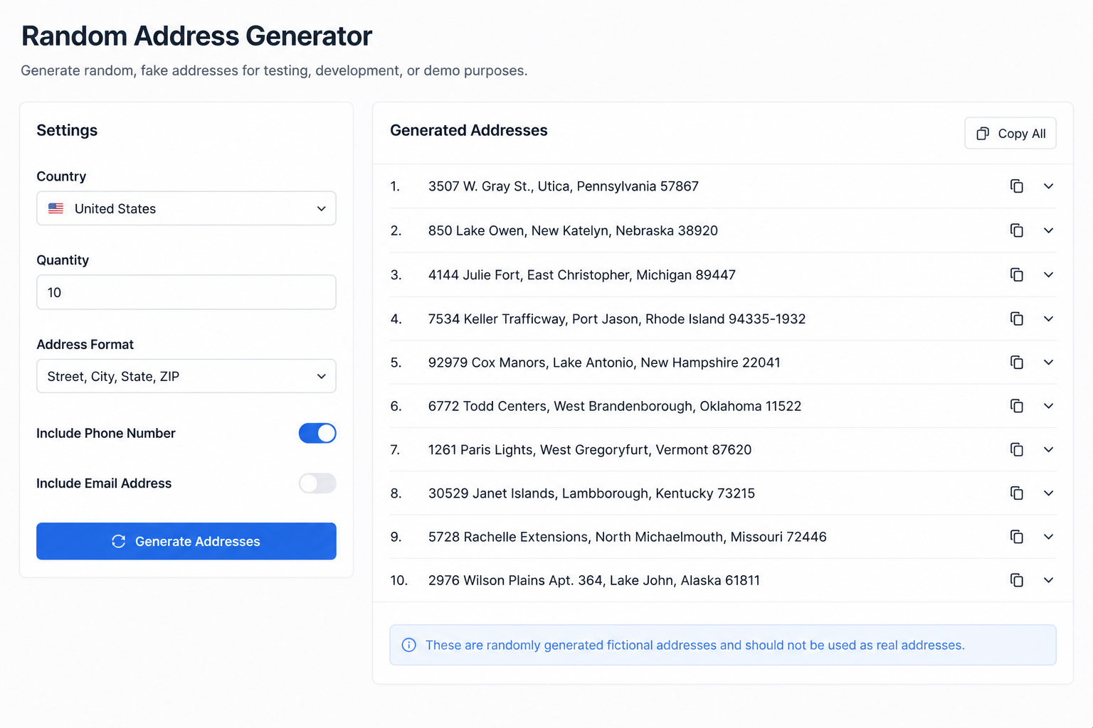 Randomly address generator producing fictional US addresses for test data