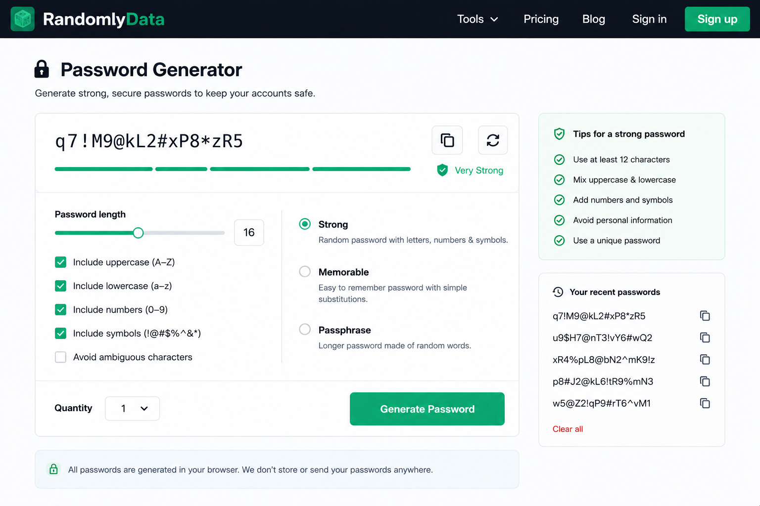 Randomly password generator set to create a strong passphrase in the browser
